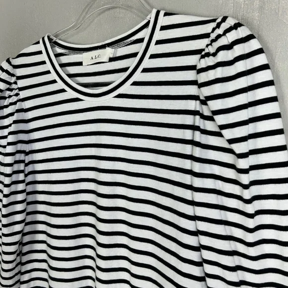 A.L.C size L Kidman mini shirt dress black white stripe 3/4 puff sleeve cotton - Picture 6 of 12